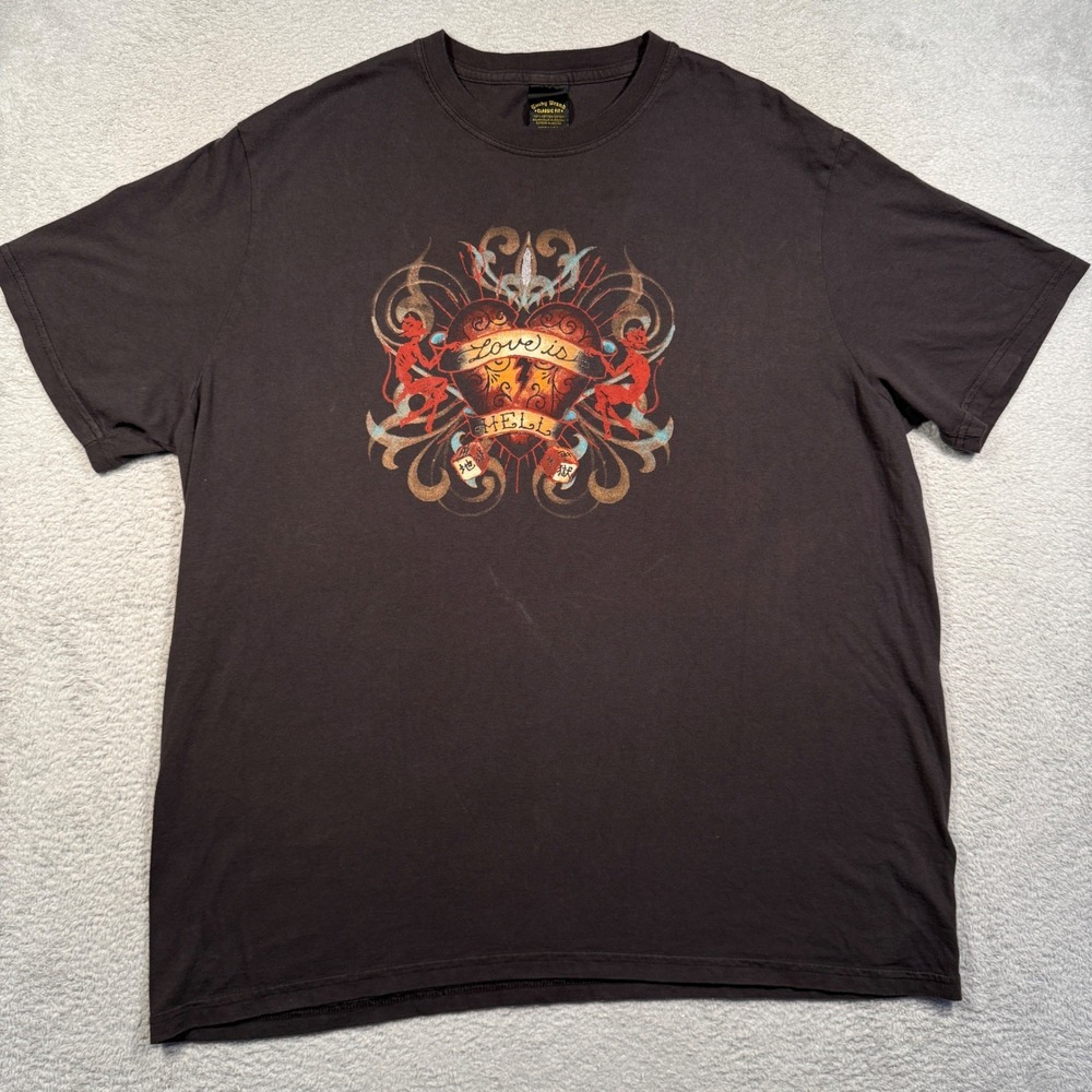 Lucky Brand Graphic Tee Mens XXL Black Love is Hell Tattoo Y2K Vintage USA Made